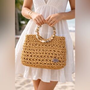 Cappelli Straworld Straw Beaded Handle Bag Boho Woven Raffia Purse Tan